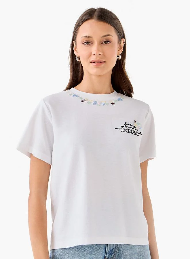 لي كوبر Lee Cooper Cotton T-shirt with Floral Slogan Embroidery